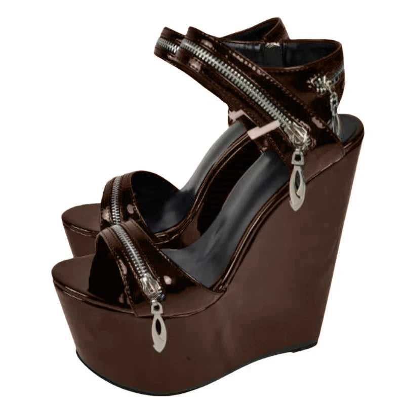 Leather Zipper Platform Wedges