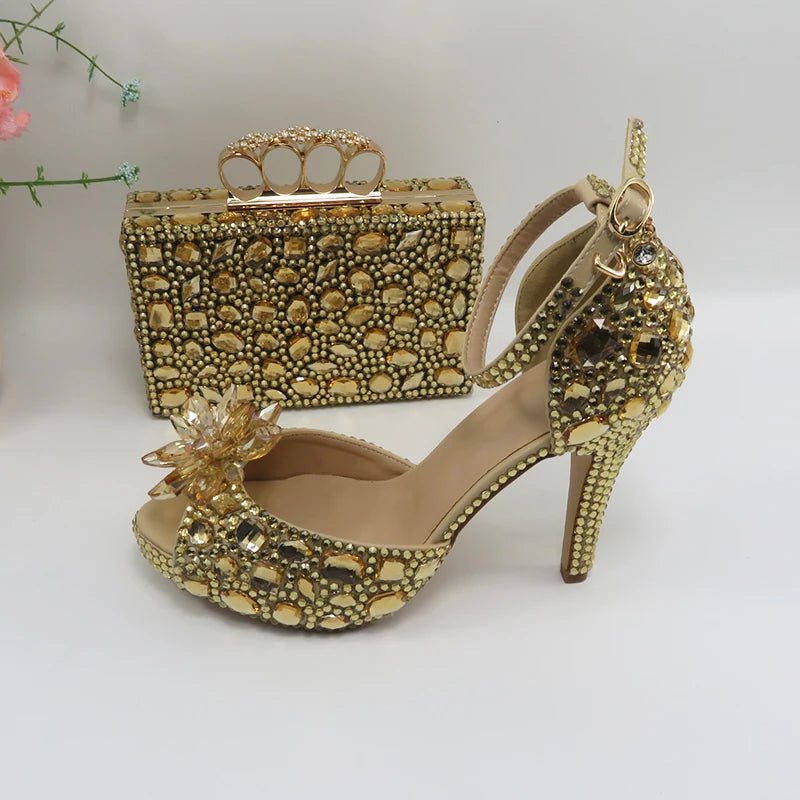 BaYa Fang Champagne Crystal Bridal Party shoes bag Set Women Thin Heel Wedding Evening shoes Open Toe Sandals Ankle Strap Female