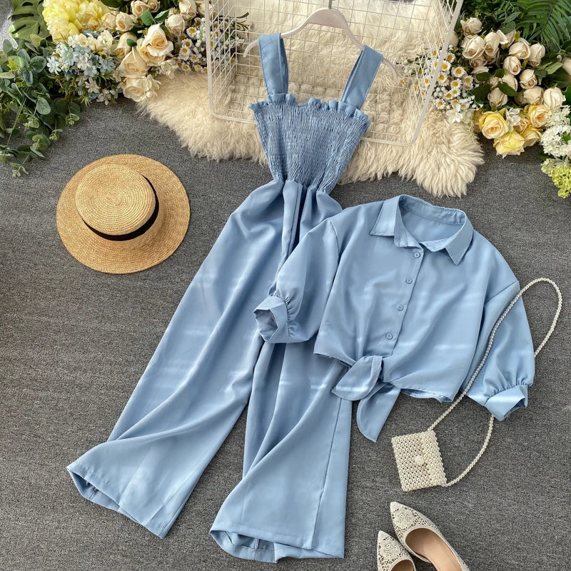 2025 Two Piece Sets Womens Outfits Skirt Suit Roupas Femme Short Sleeve Crop Blouse High Waist Pleated Jumpsuit Korean Y2k Set