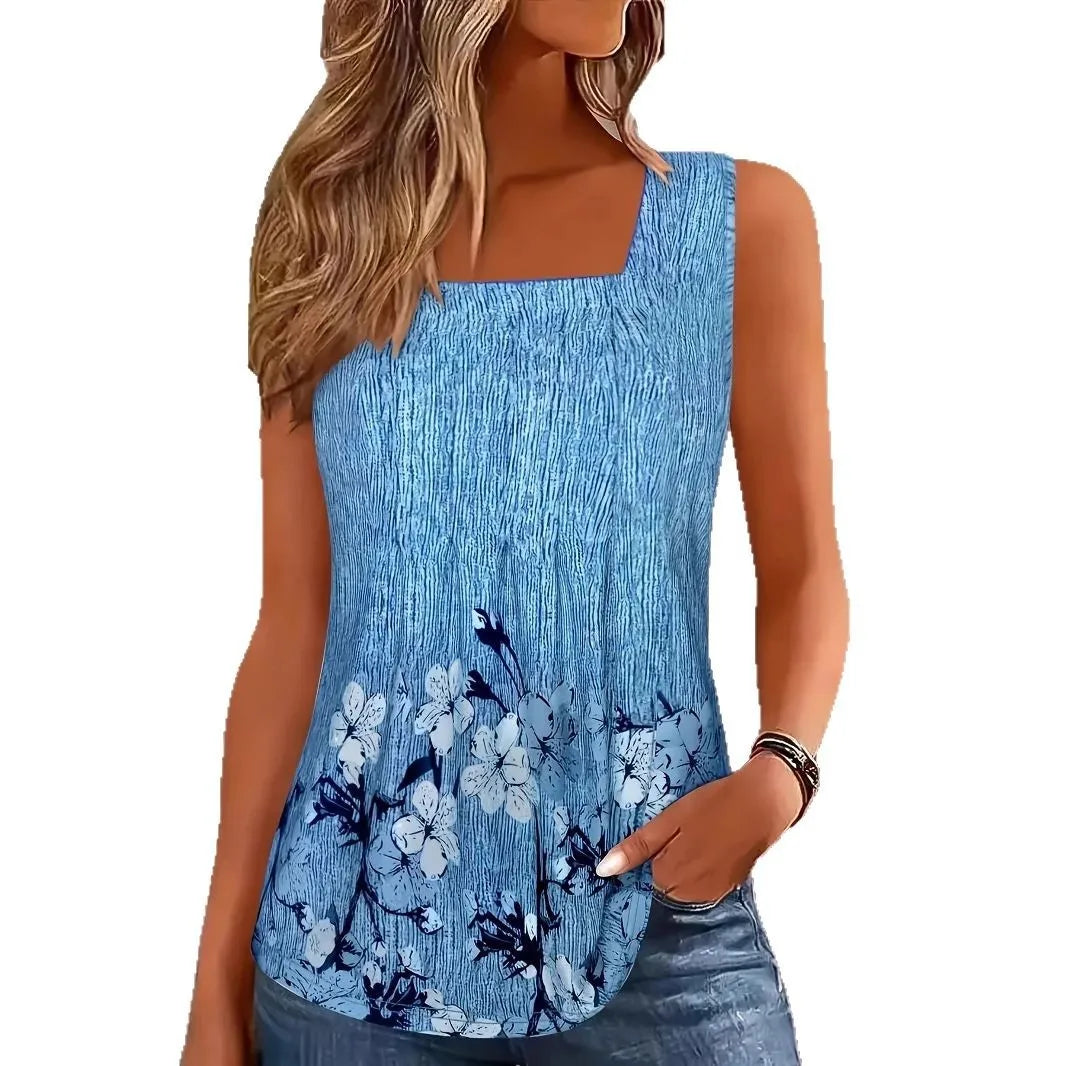Plus Size Women's Summer T Shirts Casual Tank Sexy Vacation Print Shirts Women Beach Sleeveless Vest Fashion Pleated Tops 5XL