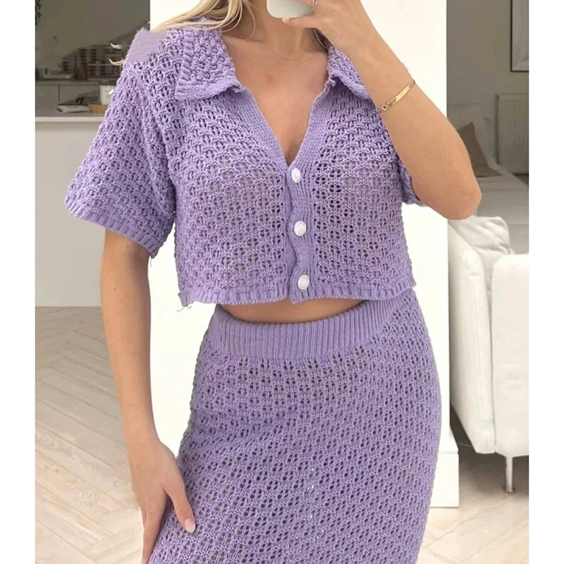ALLUKASA Knitted Hollow Out Women Skirt Sets Single Breasted Short Sleeve Cardigan Long Skirts Fashion Casual Beach 2 Piece Sets