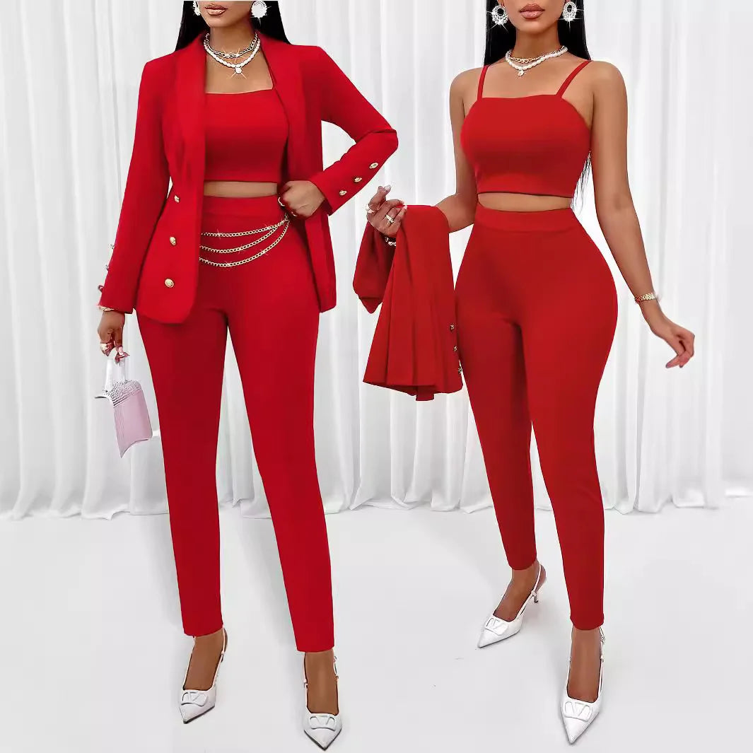 3 Piece Strapless Crop Top Collar Coat & Pants Set