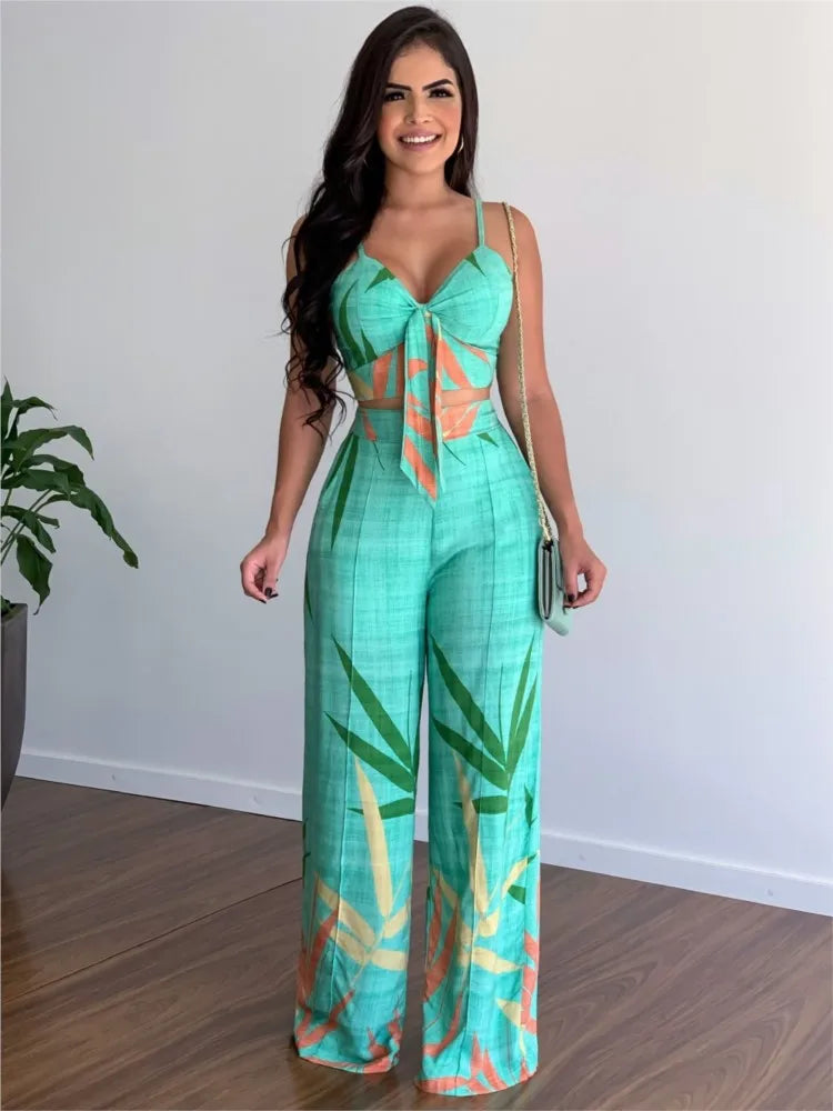 Elegant Two Piece Outfits For Women 2025 Sexy V-Neck Strap Backless Lace-up Slim Crop Top & Wide Leg Pants Sets Summer Lady Suit