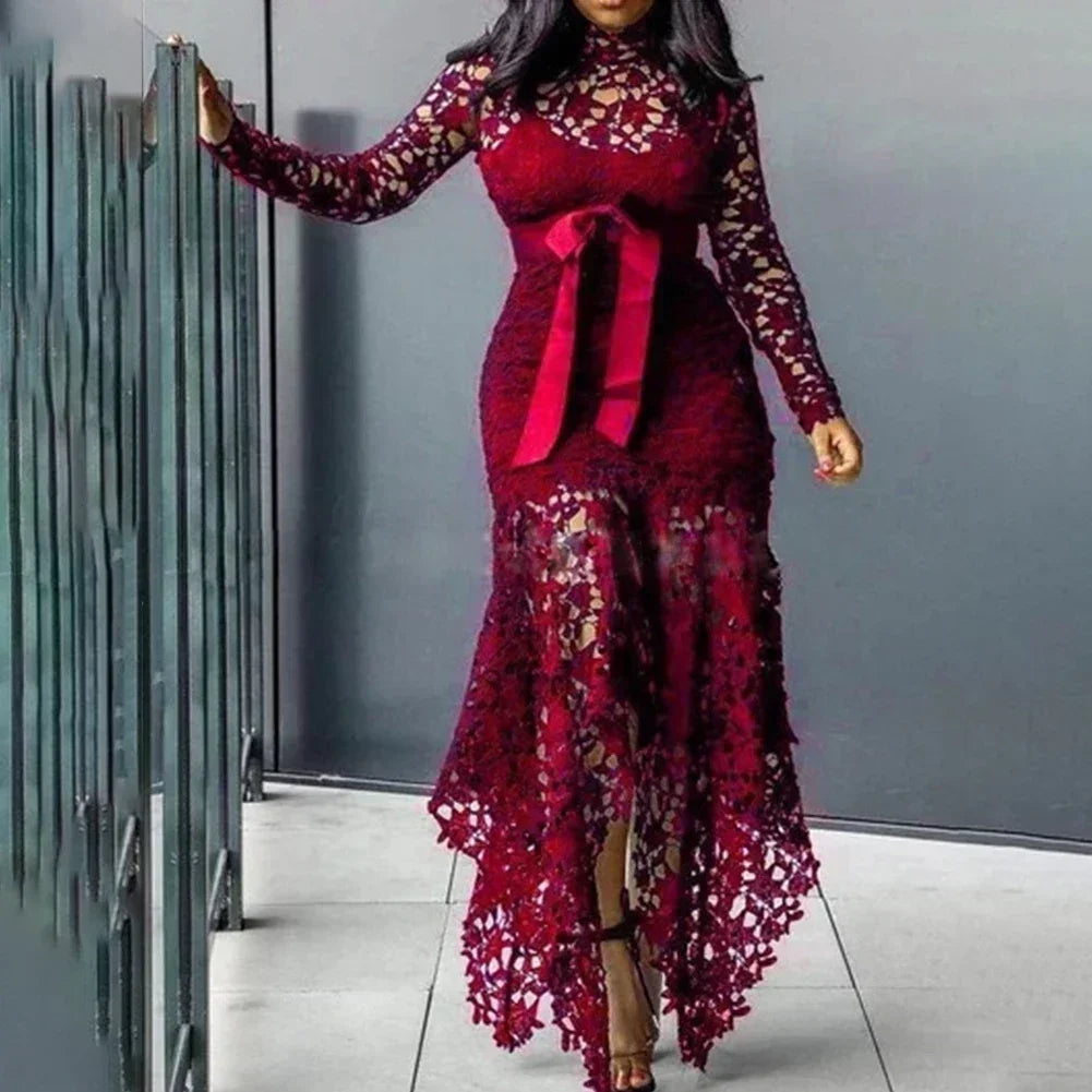 Ladies Elegant Lace Maxi Dress Women Wedding Evening Party Bodycon Long Sleeve Dresses Plus Size Fashion
