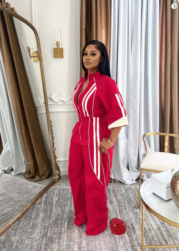 Women Jumpsuits for Spring Half Sleeve Zip Front Stripe Loose Trends Streetwear Overalls Wide Leg Pants Trousers 2025 Summer New