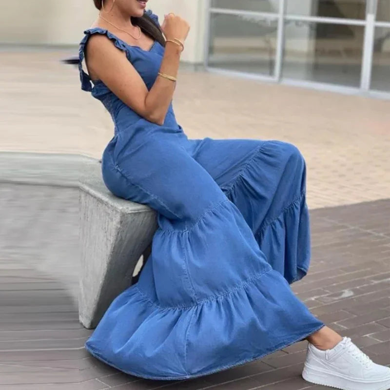 Women Solid Jumpsuits Spring V Neck High Waist Straight Playsuits Summer Backless Wide Leg Pleated Pants Rompers Flared Jumpsuit