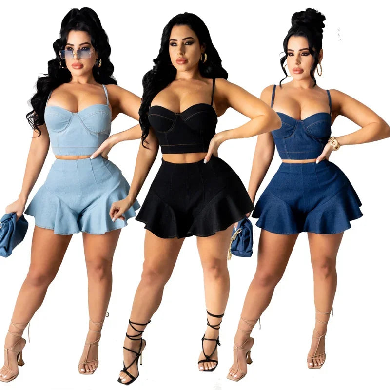Sexy Denim 2 Piece Sets Womens Outfits Summer 2024 Crop Tops and Ruffles Shorts Sets Party Club Jeans Birthday Matching Sets