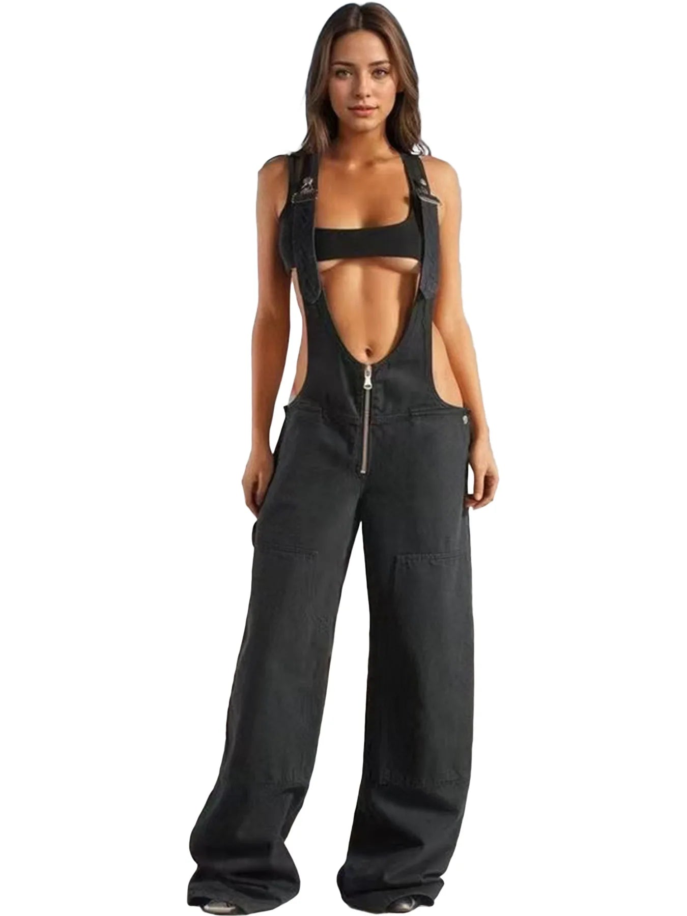 Street Style Sexy Low Waist Strap Jumpsuit Wide-leg Jeans New Personalized Hot Girl Trousers Fashionable Loose Jeans