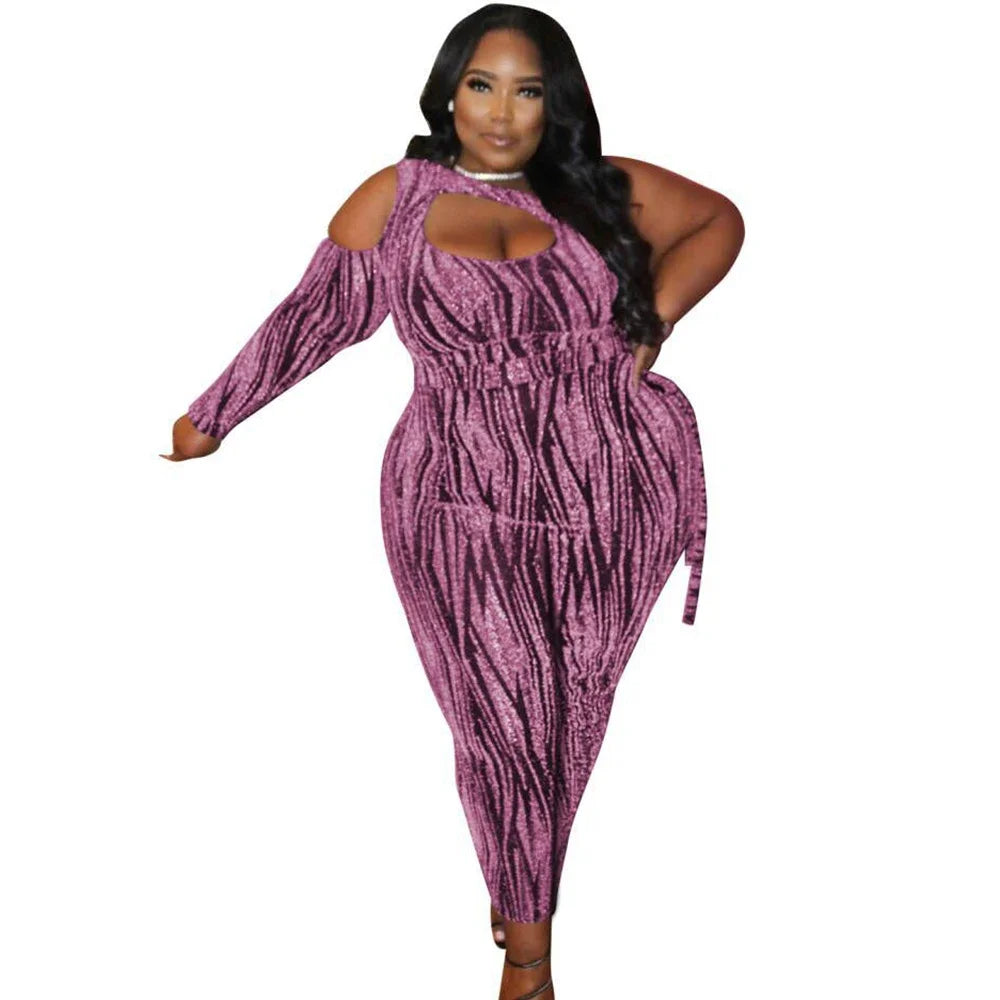 Sexy Jumpsuits Plus Size Women Clothing Single Long Sleeve Hollow Out Club Outfits Bodycon Stretch Wholesale Drop Shipping