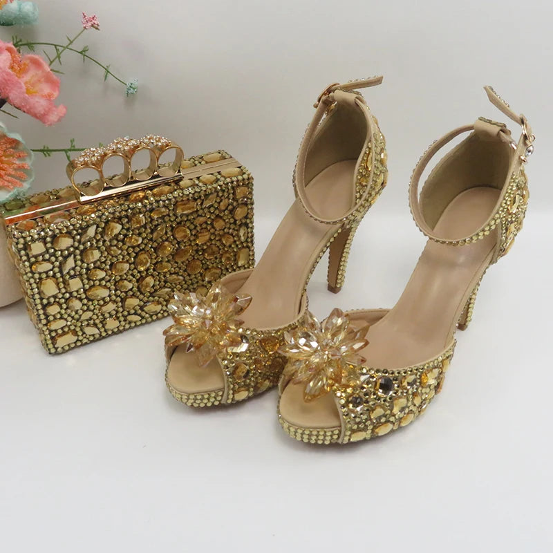 BaYa Fang Champagne Crystal Bridal Party shoes bag Set Women Thin Heel Wedding Evening shoes Open Toe Sandals Ankle Strap Female