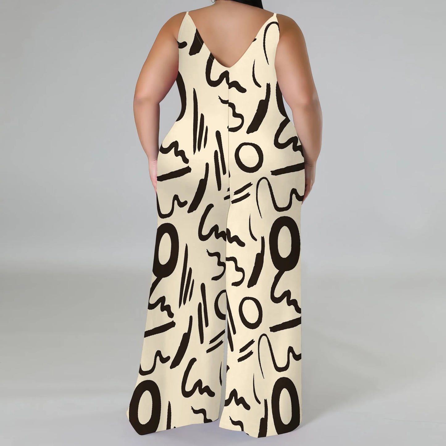 Plus Size Printed Jumpsuit - Strapless Wide Leg Romper with Scarf, Boho Palazzo Pants for Women