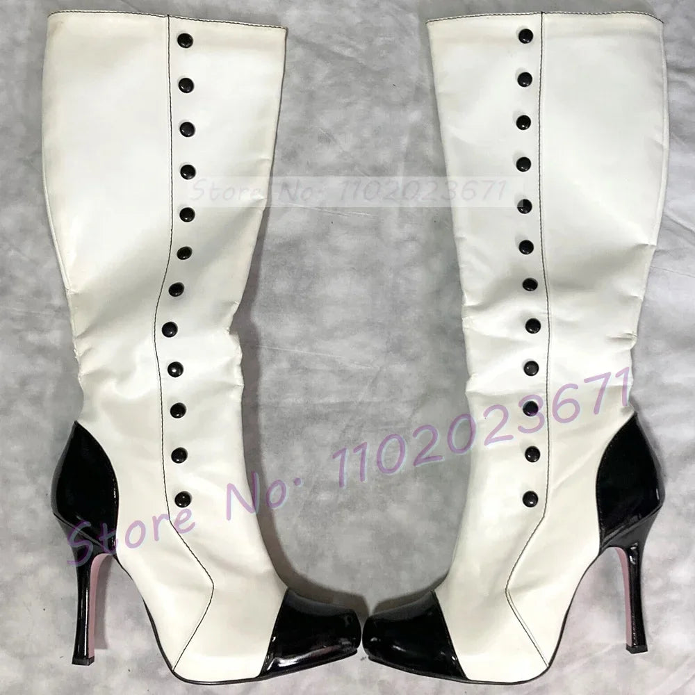 Two-tone Round Toe Platform Boots Women Side Buttons Trim High Heels Shoes Ladies Side-zip Casual Fashion Winter Knee High Boots