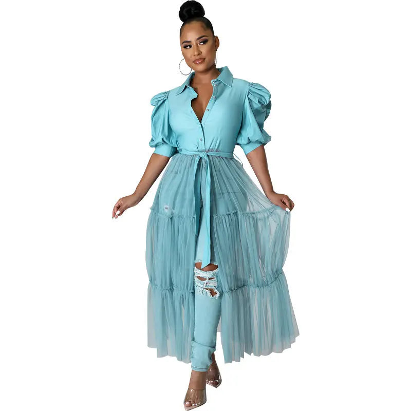 Plus-size Fashion Dress for Women Casual Solid Shirtdress Women Short-sleeved Shirt Single-breasted Lazy Robes Summer Clothing