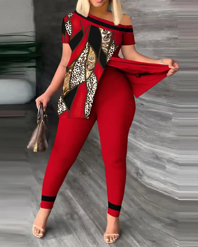 2 Piece Fashion Printed Ruffle Sleeve Pants Set