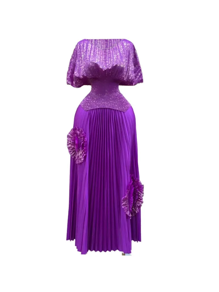 2 Piece Pleated Top Long Skirt Set