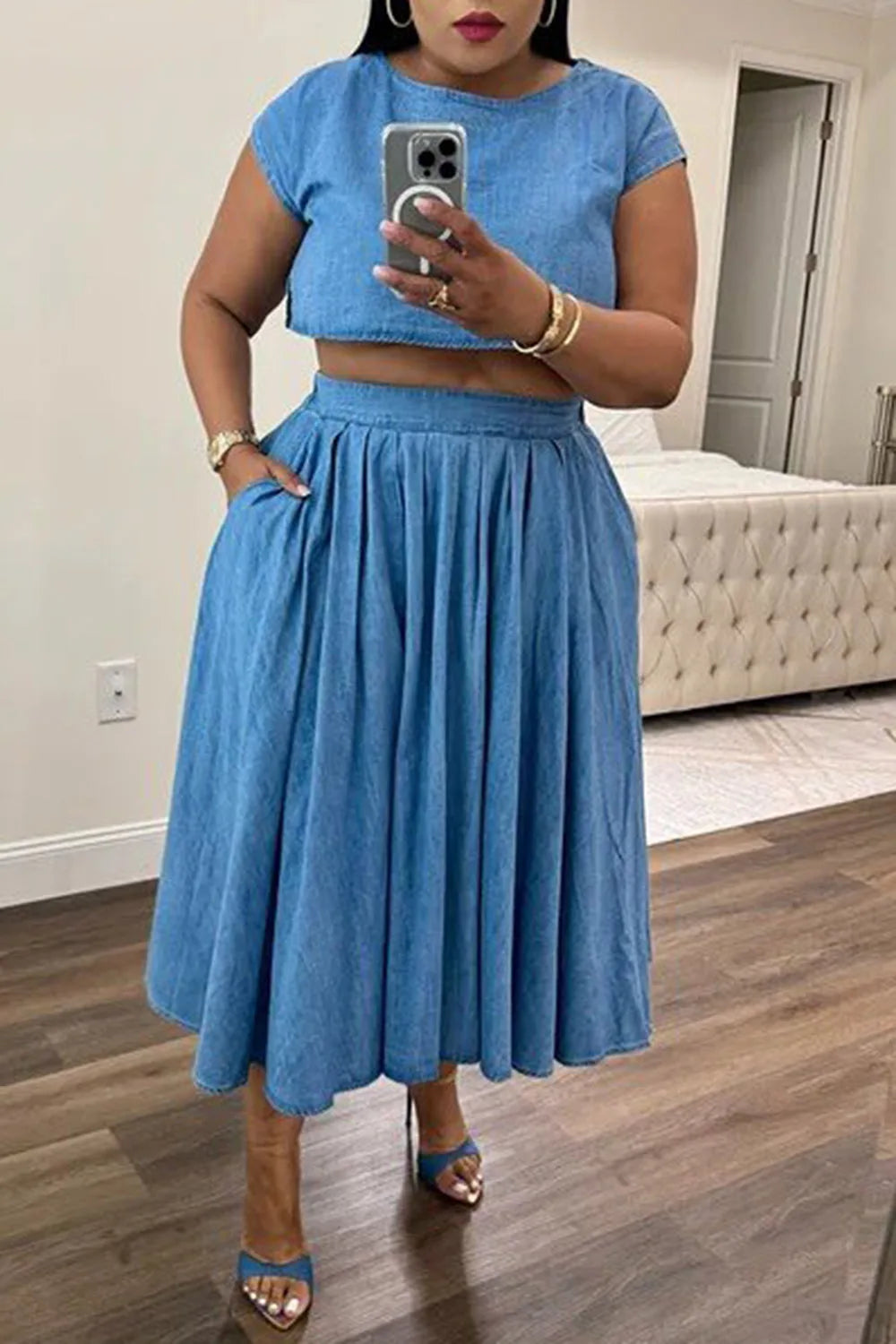 Denim Two Piece Skirt Set