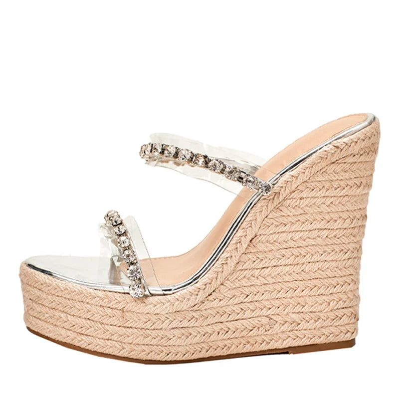 New Crystal Transparent Open Toe Platform Heels Slippers Women Wedges Sandals Fashion Straw Rope Weave Thick Bottom Female Shoes