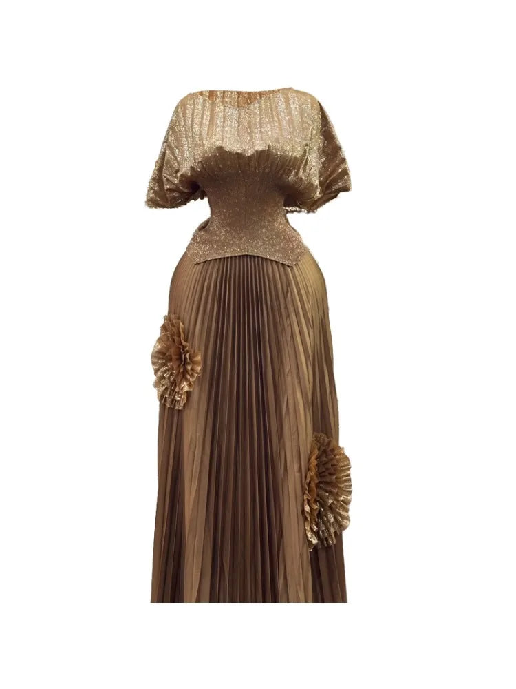 2 Piece Pleated Top Long Skirt Set
