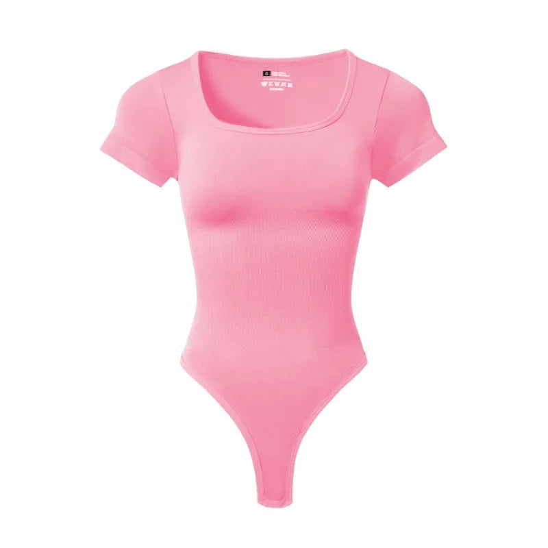 Women Plus Size Yoga Jumpsuit Seamless Square Neck T-shirt High Elastic Workout Running Sport Jumpsuit Solid Ribbed Jumpsuit Top