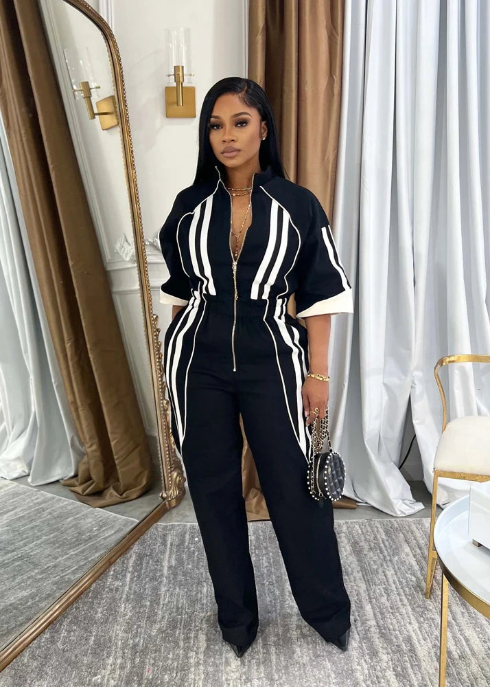 Women Jumpsuits for Spring Half Sleeve Zip Front Stripe Loose Trends Streetwear Overalls Wide Leg Pants Trousers 2025 Summer New