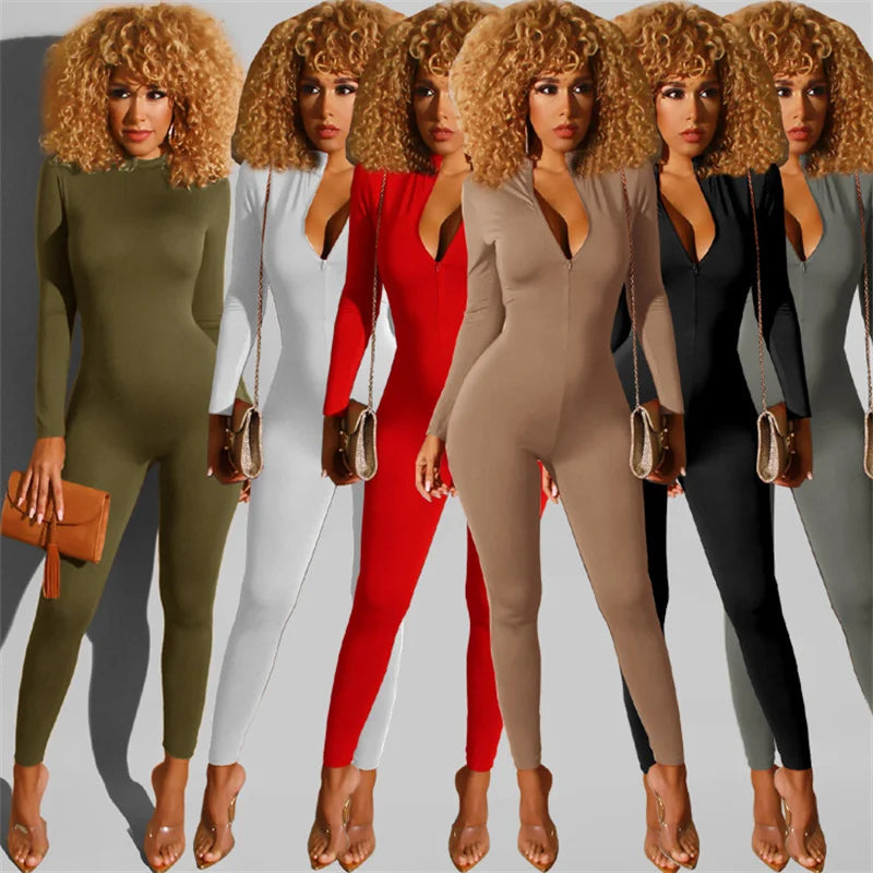 Casual Sporty Solid Bodycon Jumpsuit Women Outfits Long Sleeve Fitness Work Out Skinny Rompers Elastic Overalls for Women Jogger