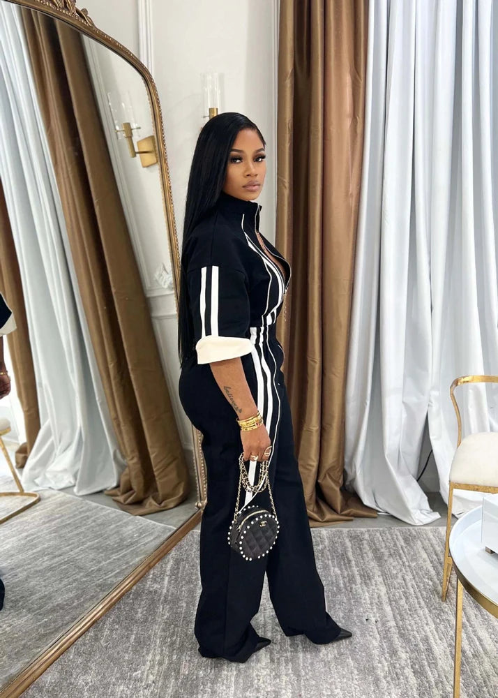Women Jumpsuits for Spring Half Sleeve Zip Front Stripe Loose Trends Streetwear Overalls Wide Leg Pants Trousers 2025 Summer New