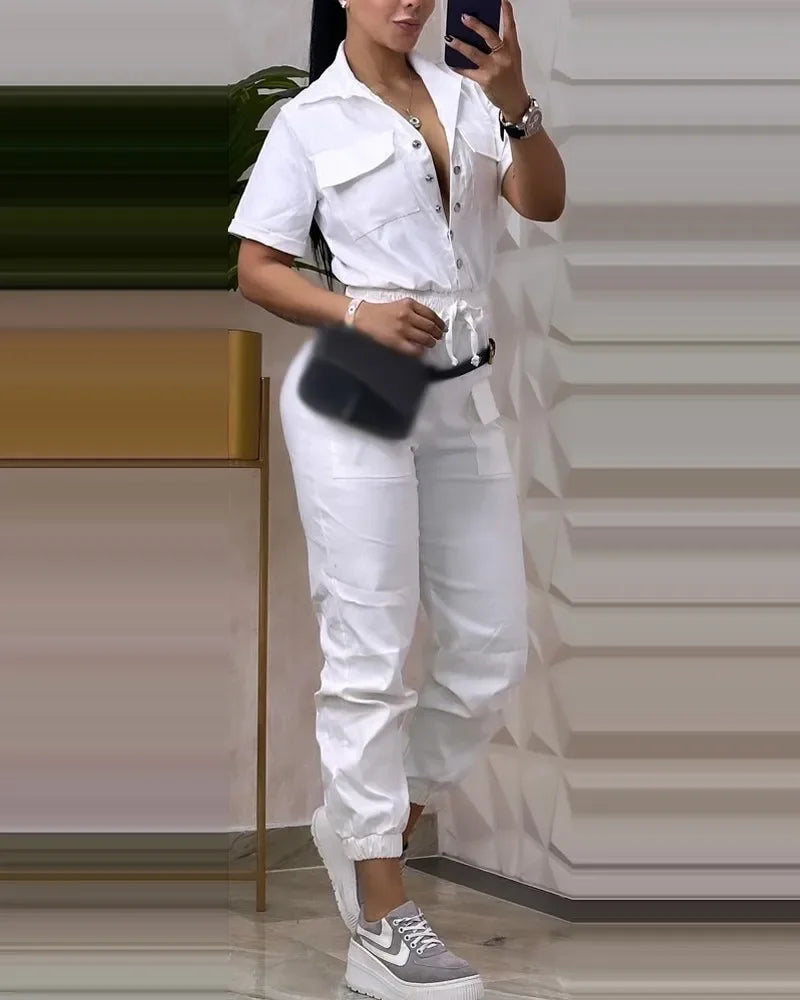 New Fashion Women Working Jumpsuit Short Sleeve Pocket Design Turn Down Collar Elastic Waist Drawstring Cuffed Cargo Jumpsuit