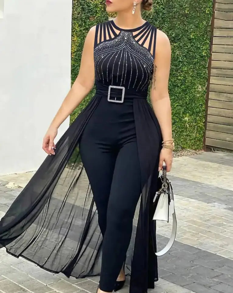Rhinestone Sheer Mesh Daily Casual Jumpsuit