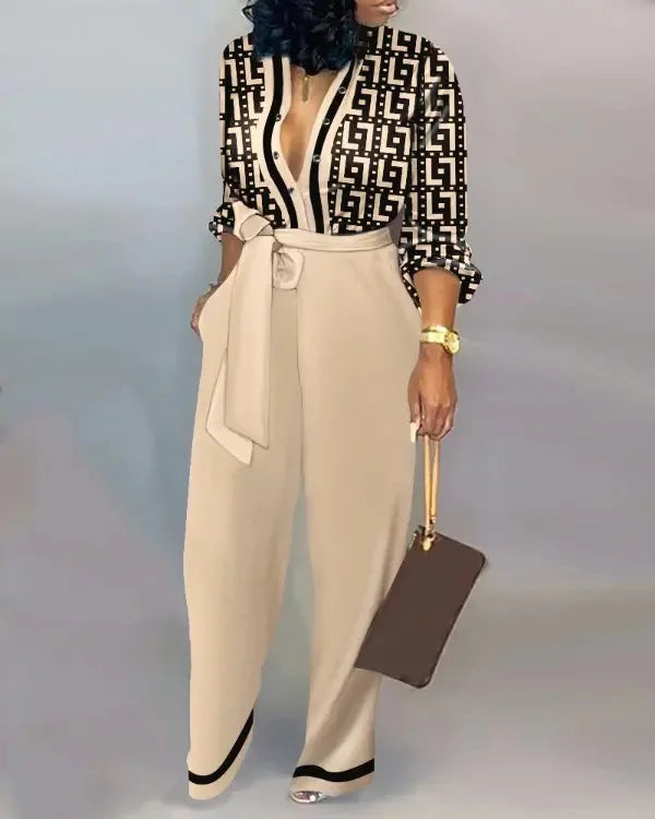 High-Waist Casual Straight-Leg Loose Printed Jumpsuit