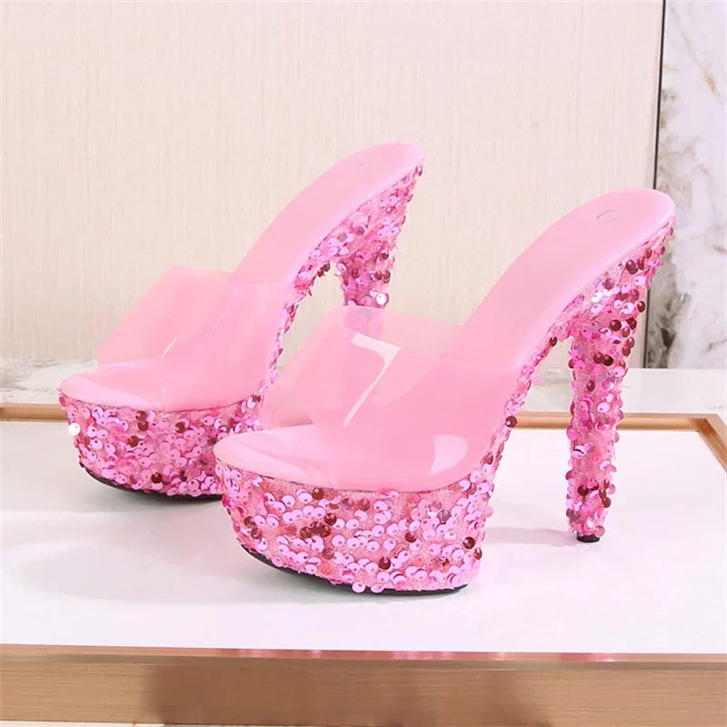 Eilyken Sexy Sequined Cloth Peep Toe PVC Transparent Women Slippers Platform Stiletto High Heels Stripper Party Shoes