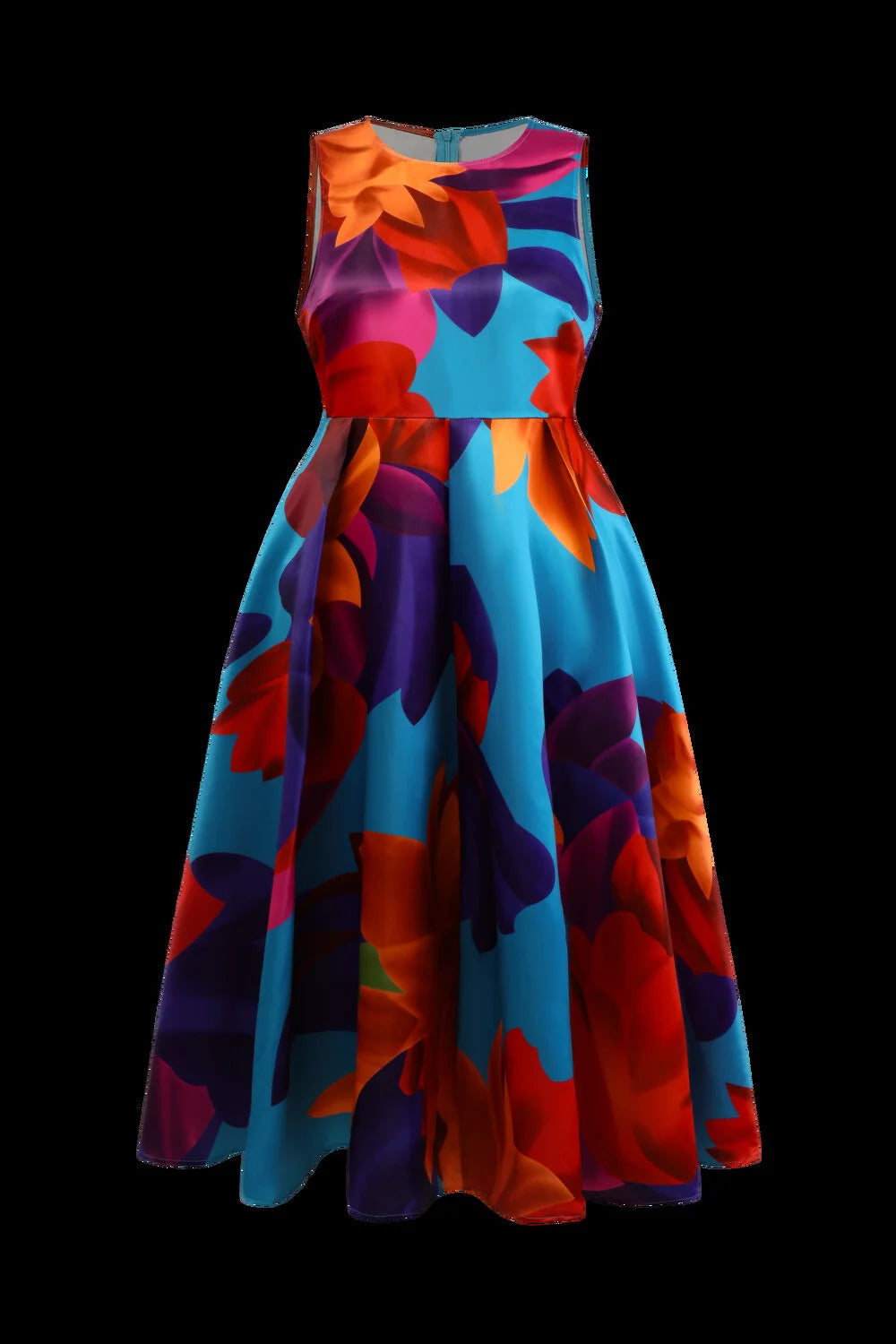 Plus Size Women Floral Printing Dress Sleeveless Round Neck Satin A-line Female Elegant Fashion Summer Dresses 2025