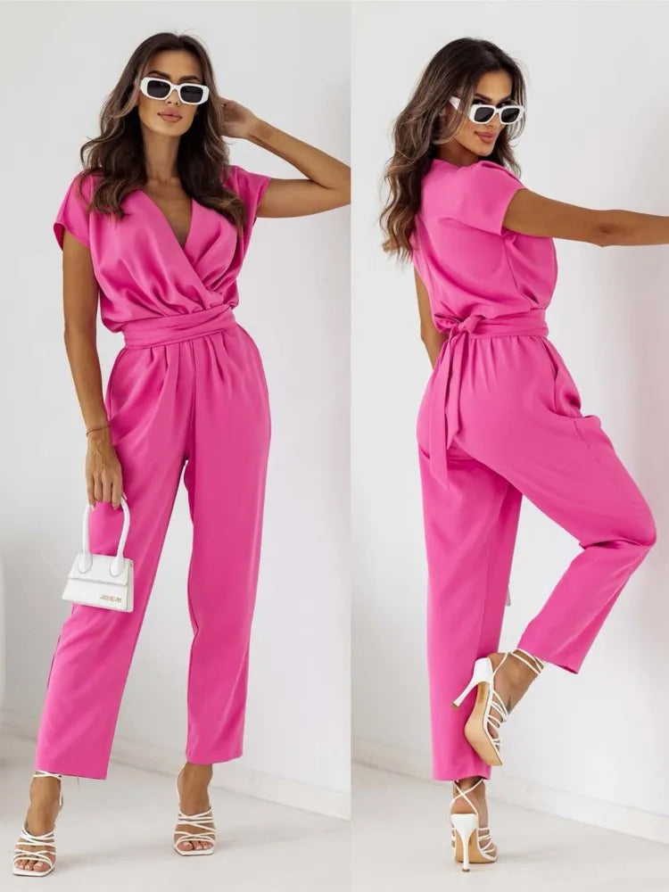 Summer Office Lady Jumpsuit Fashion Solid Color Short Sleeve Long Pants Jumpsuits For Women Casual Overalls Elegant Jumpsuit