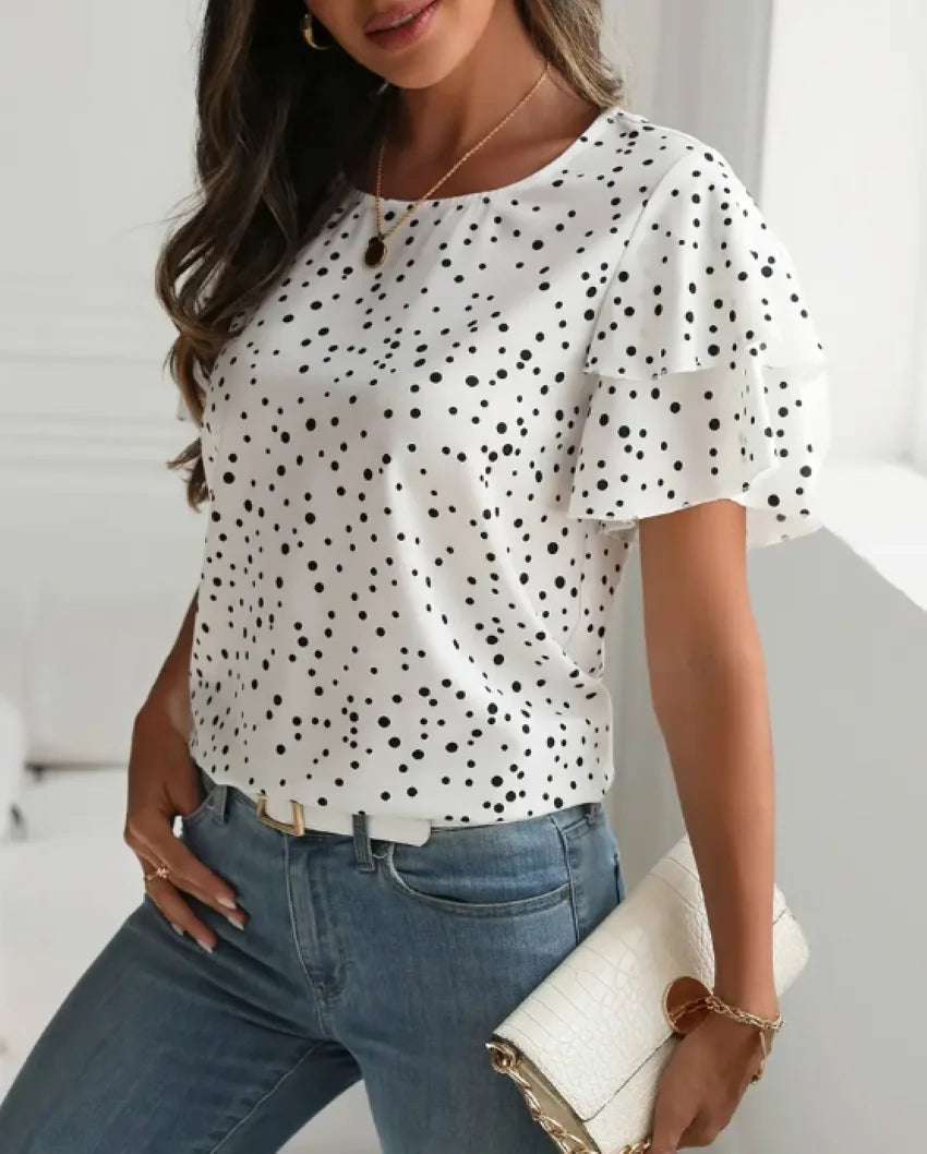 Plus size summer women's printed polka dot lotus leaf sleeve comfortable casual versatile T-shirt