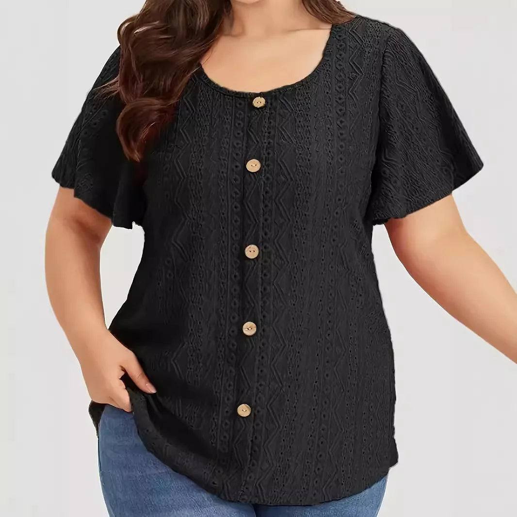 Plus Size Summer Women T Shirt Elegant Casual Solid Short Sleeve Shirts Ladies Hollow Loose Button Big Size Black White Tops 5XL