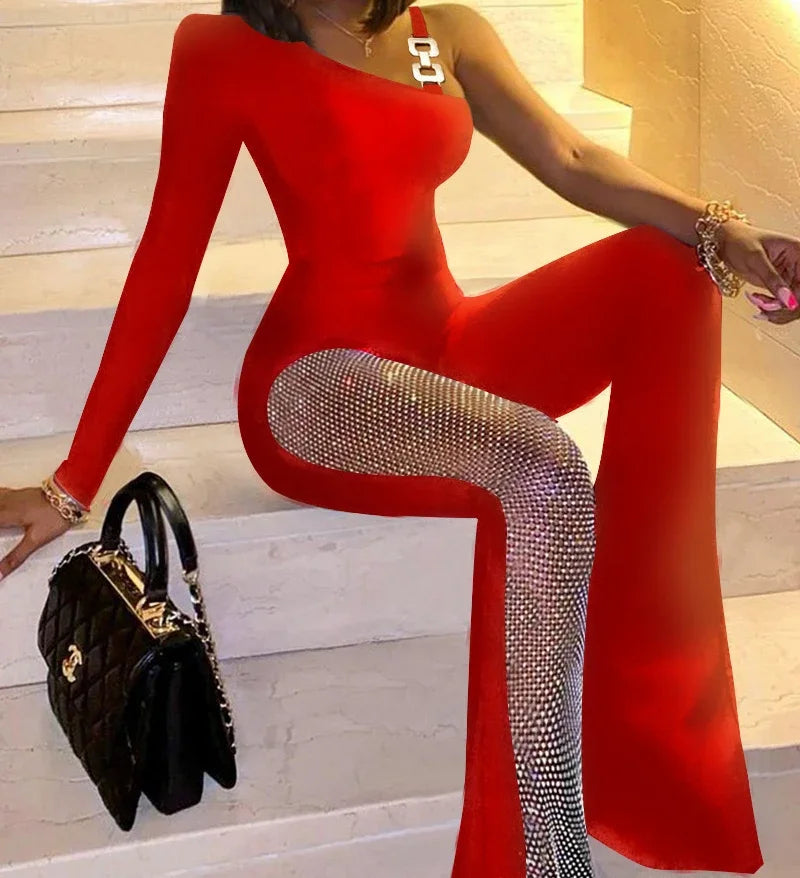 Jumpsuits for Women Fashion Rhinestone Fishnet Patch Flared Leg Rompers Overalls Sexy Nightclub Outfits Clubwear 2023 Autumn New