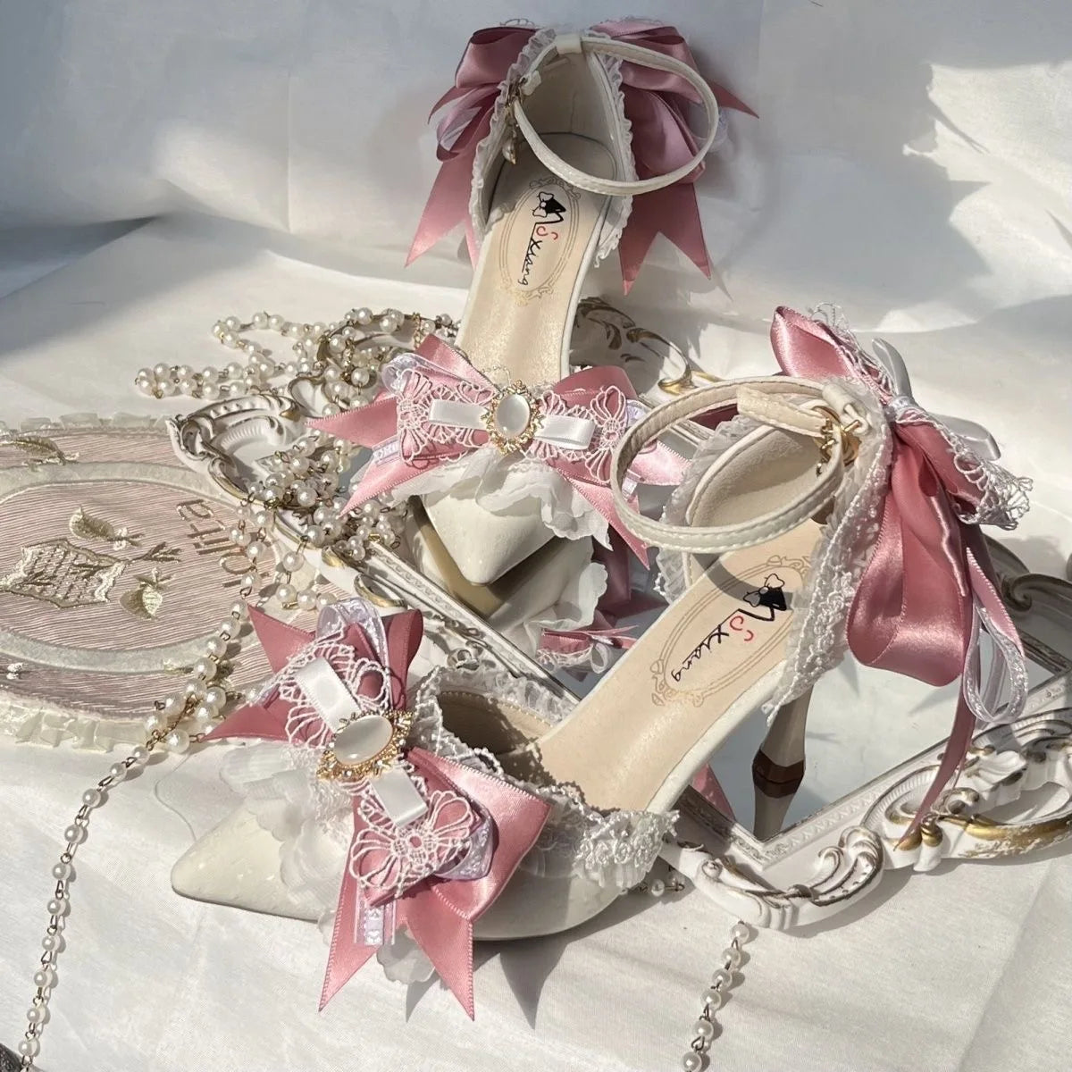 Pink Heeled Sandals Lolita Heels Shoe and Bag Set Luxury Woman High Heels Party Shoes Woman Bow Weddings Bridal Shoes Y2K Heels