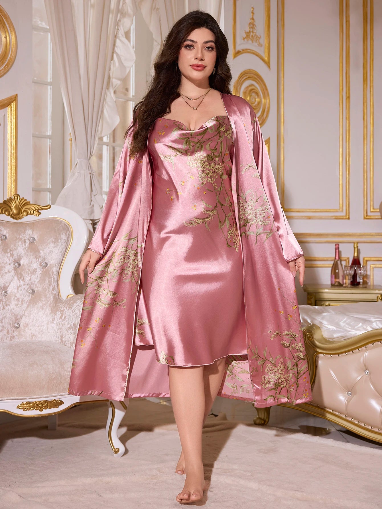 2 Piece Plus Size Women's Pajamas Set Stylish Sexy Cherry Print Pajamas