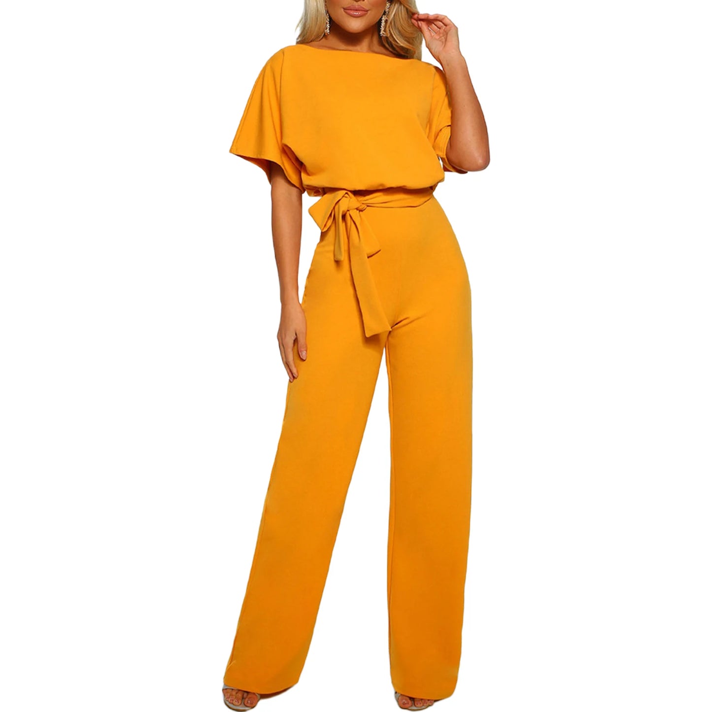 Women Daily Fashion Versatile Jumpsuit Sexy Solid Color Jumpsuit V-Neck Short Sleeve Open Back High Waist Elastic Loose Jumpsuit