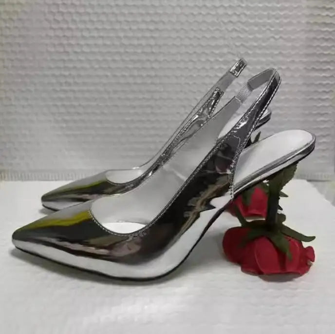 Rose Flower Slingback Real Leather Unique Heels