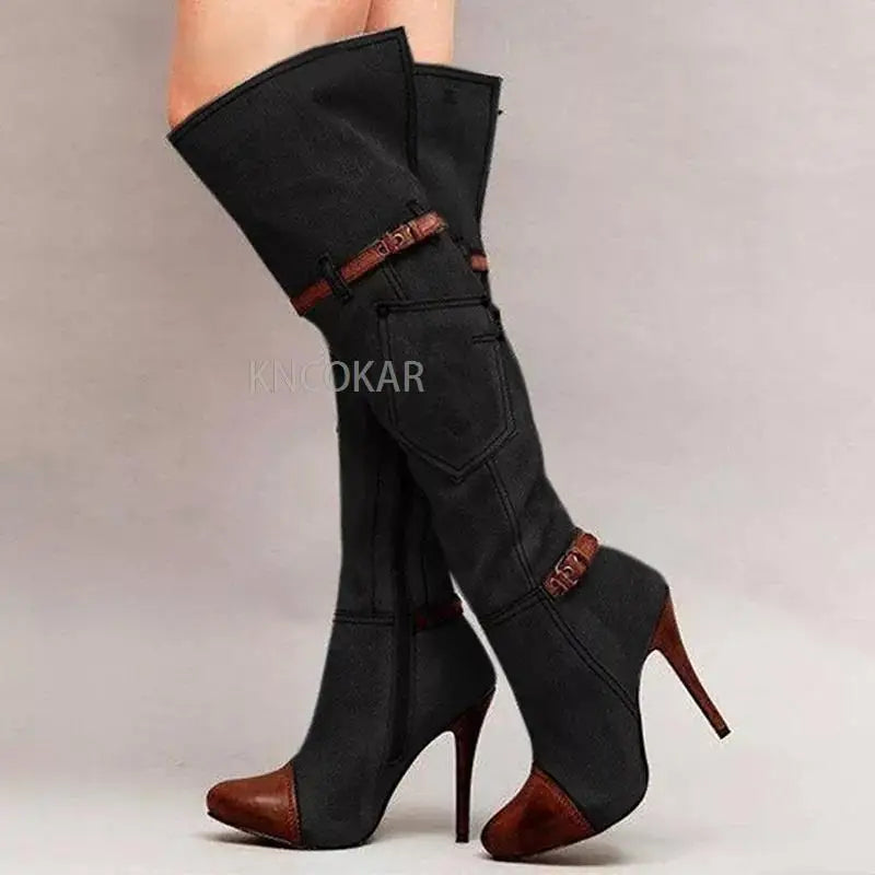 Fashionable Knee High Denim High Heel Boots