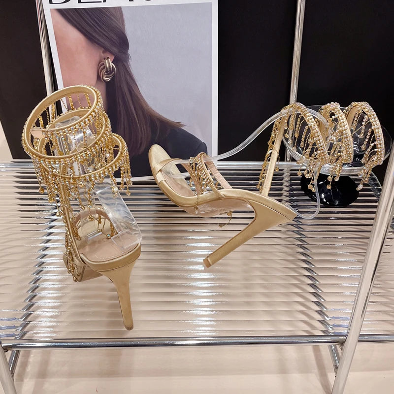 Aneikeh 2026 Fashion Sexy Rhinestone String Bead Ankle Strap High Heels Women Summer Silk Round Toe Open Toe Sandals Party Dress
