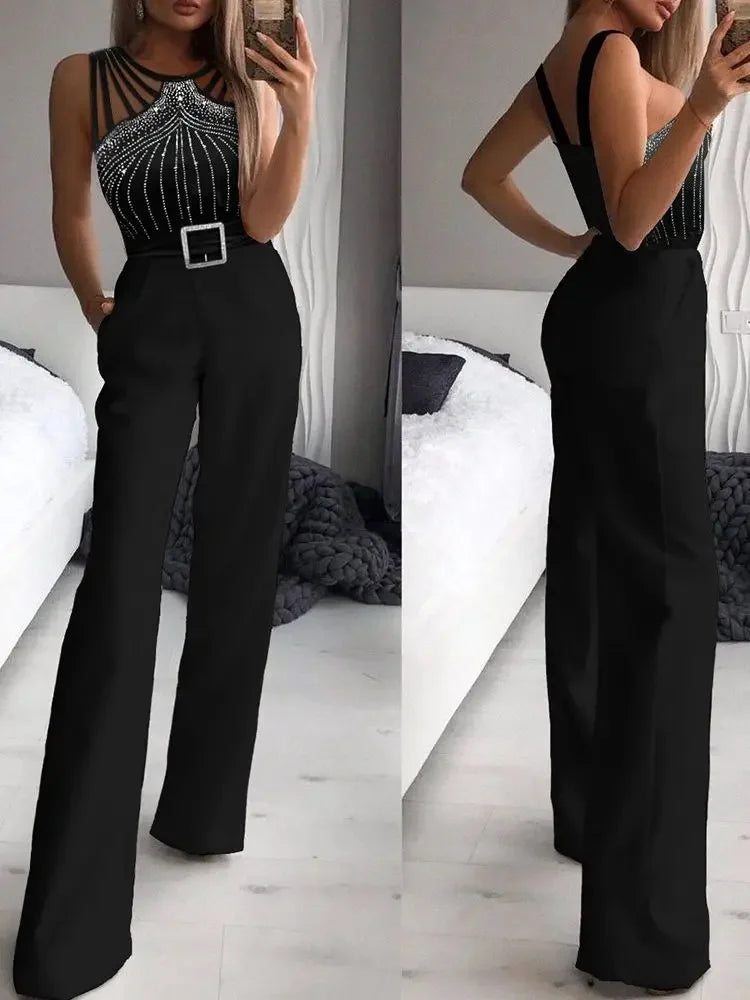 Summer Jumpsuits Women 2025 New Fashion Office One Pieces Black Multi Strap Sleeveless Rhinestone Bootcut Jumpsuit Overalls