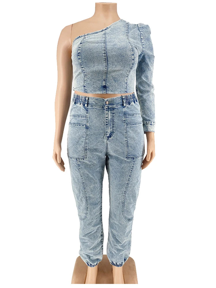 2 Piece One Shoulder Top Elastic Denim Set