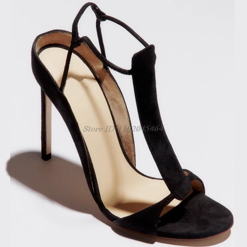Brown/Black Suede T-strap Open Toe Sandals Women's Sexy 2025 Summer New in Soft Party High Heels Luxury Designer Date Shoes