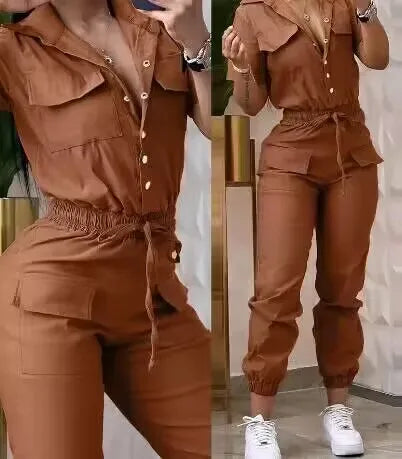 New Fashion Women Working Jumpsuit Short Sleeve Pocket Design Turn Down Collar Elastic Waist Drawstring Cuffed Cargo Jumpsuit
