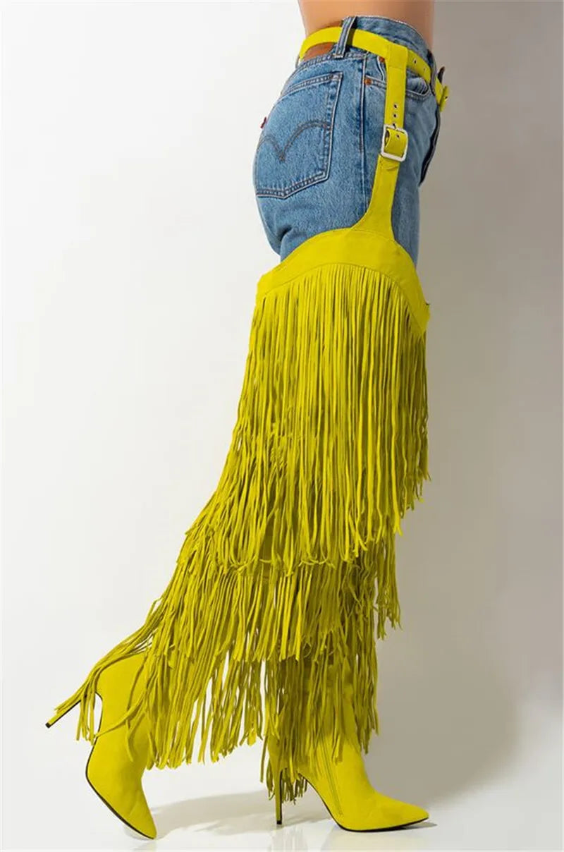 Snakeskin Thigh Long Tassel High Heel Boots