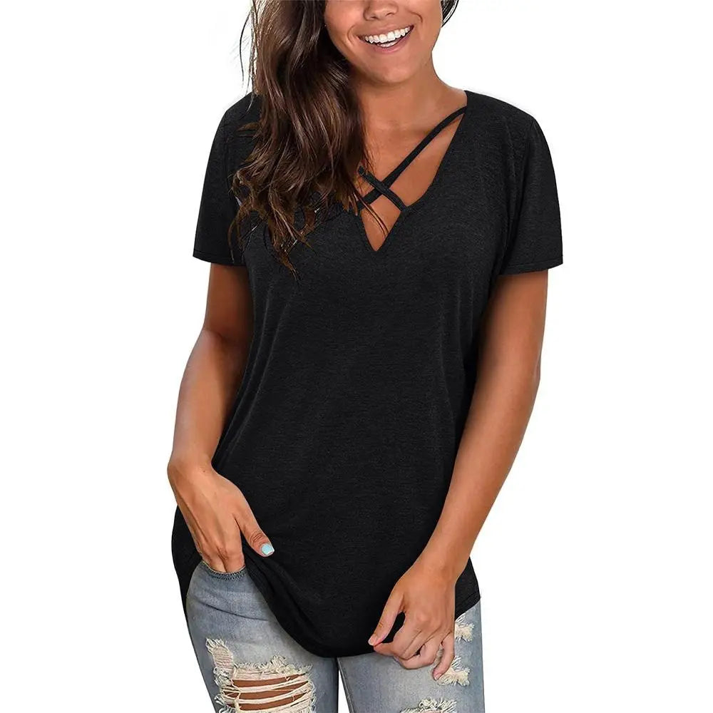 Plus Size Women's T-shirt Fashion Solid Short Sleeve V-Neck T-shirt Top Summer Comfortable Breathable Cross Casual Loose T-shirt