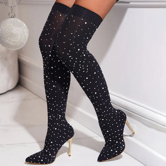 2025 Women's Knee-High Stiletto Sexy Sock Rhinestone Heels Over-the-Knee Pointed Toe Fashion Shoes for Winter Autumn New Season
