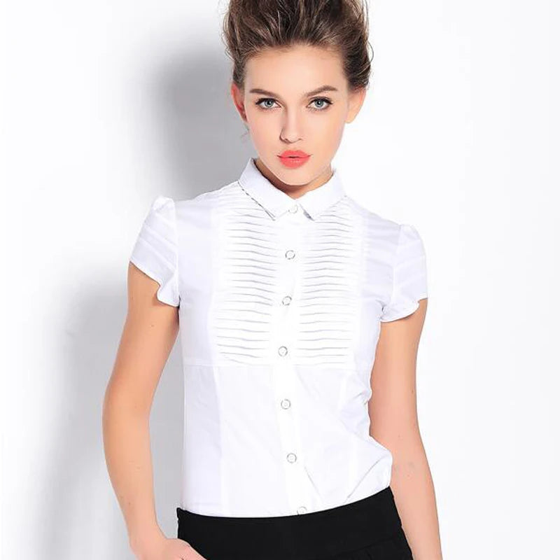 Plus Size Women Formal White Shirt Fashion Summer Short Sleeve Pleated Bodysuit Ladies Tops Blouse Black Stand Blusas Mujer 4XL