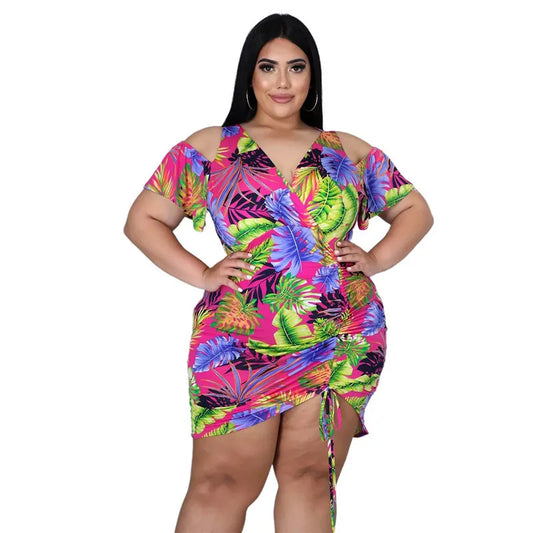 Plus Size Dresses for Women Summer 2021 Wholesale  V Neck Print Casual Draped Bandage Elegant Holiday Mini Dress Dropshipping